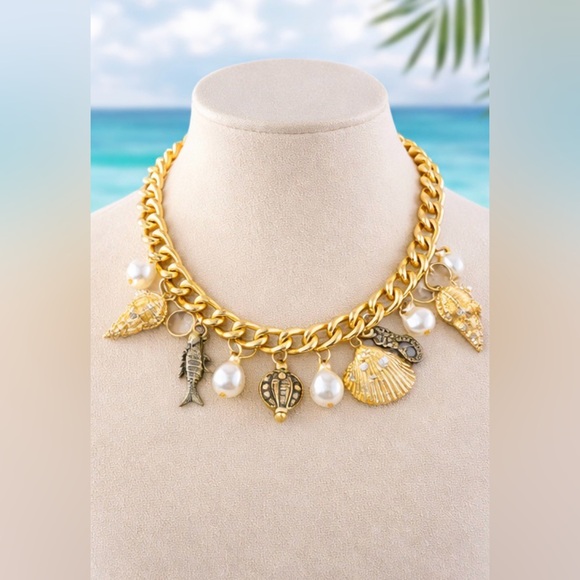 Kurt Geiger Gold Charm Necklace Shell Pearl Fish Statement Luxe Boho Y2K NEW - Picture 6 of 12